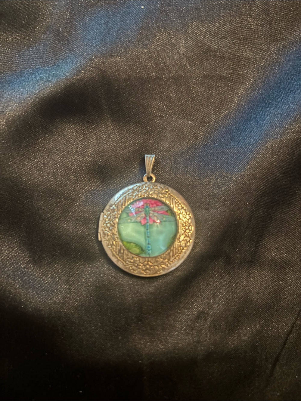 Vintage Handcrafted Green and Pink Floral Glass Dragonfly Locket Pendant